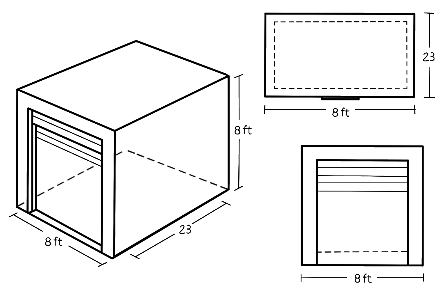 Diagram showing the dimensions of an 8 ft wide by 23 ft deep by 8 ft high long storage unit, with isometric, top-down, and front-view.