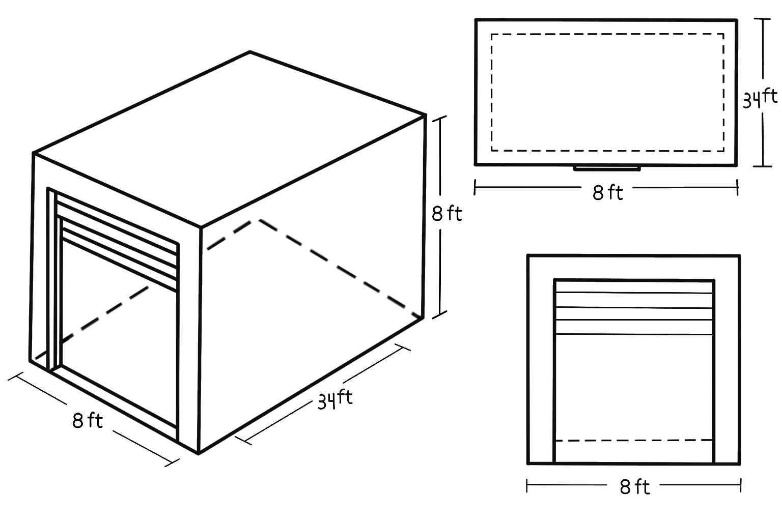 Diagram showing the dimensions of an 8 ft wide by 34 ft deep by 8 ft high extra-long storage unit, with isometric, top-down, and front-view