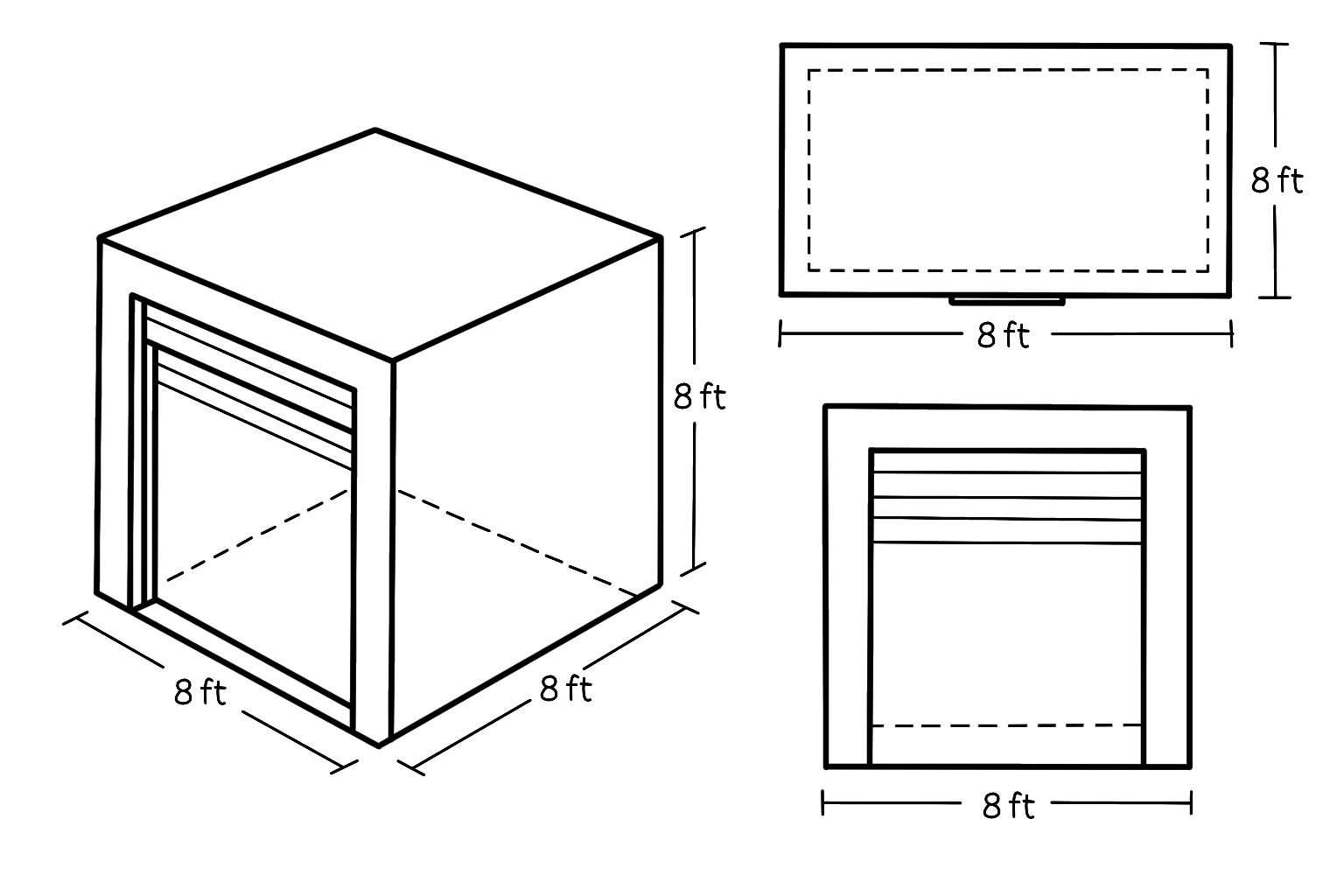 Diagram showing the dimensions of an 8 ft wide by 8 ft deep by 8 ft high cube storage unit, with isometric, top-down, and front-view